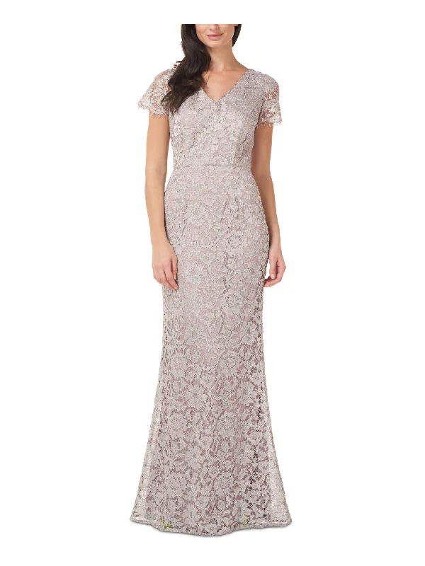 Deal Dash JS COLLECTION Womens Silver Metallic Lace Zippered Floral Short Sleeve V Neck Full-Length Formal Gown Dress