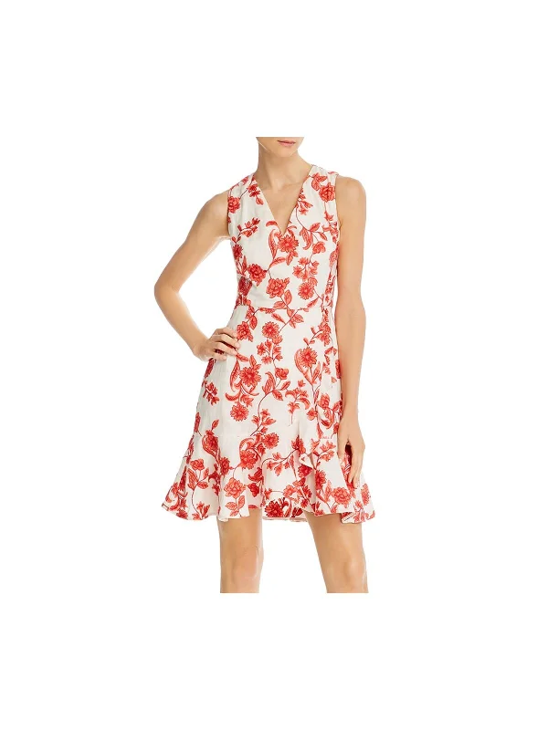 Clearance Event REBECCA TAYLOR Womens Ivory Zippered Ruffled Floral Sleeveless V Neck Short Party Faux Wrap Dress