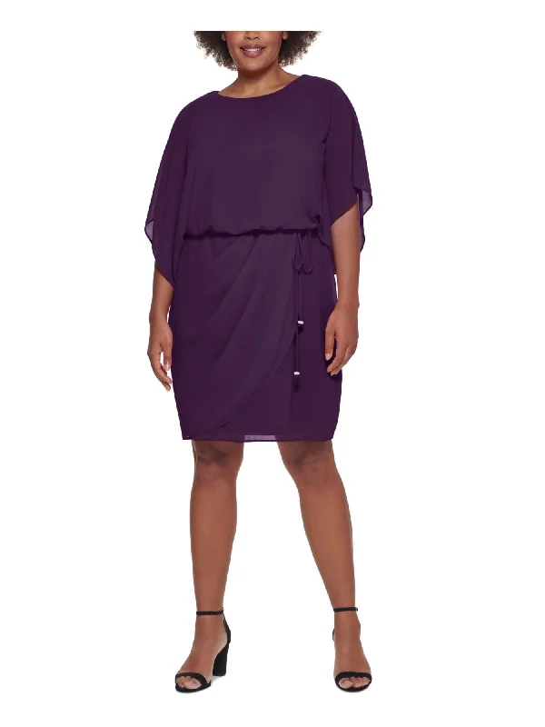 Mega Deal JESSICA HOWARD Womens Purple Zippered Sheer Lined Drawstring Waist 3/4 Sleeve Boat Neck Above The Knee Wear To Work Blouson Dress