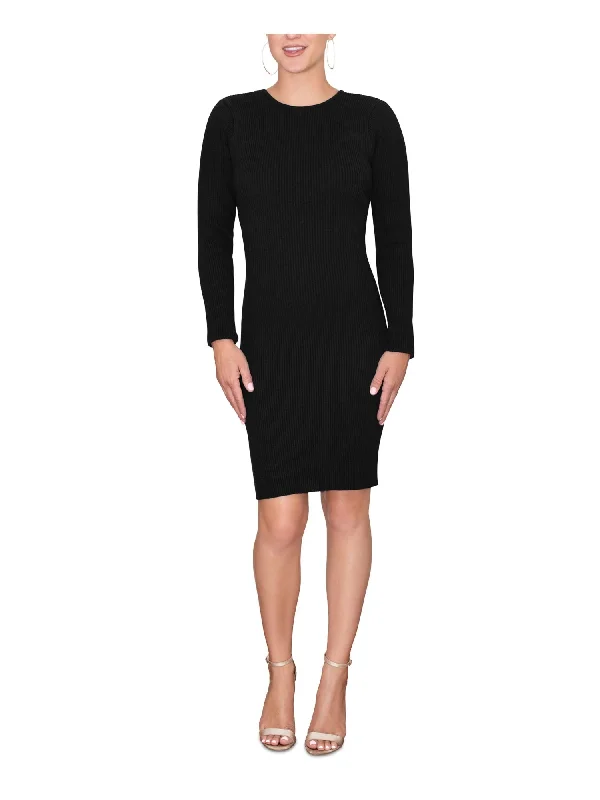 Anniversary Sale RACHEL RACHEL ROY Womens Black Ribbed Back Cut Outs Pullover Long Sleeve Crew Neck Above The Knee Party Sweater Dress