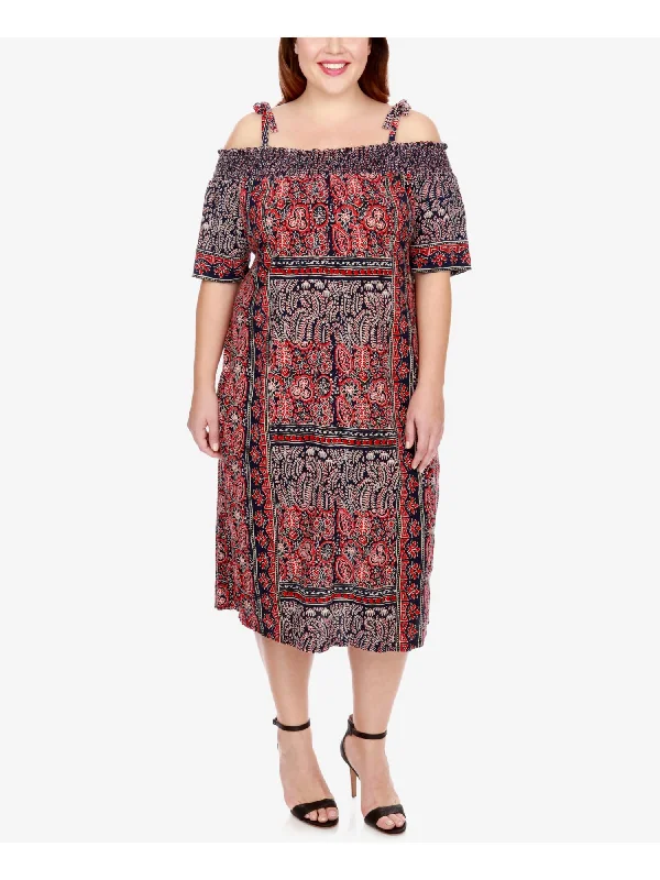 Stock Clearance LUCKY BRAND Womens Navy Stretch Smocked Pocketed Tie-shoulders Printed Elbow Sleeve Off Shoulder Midi Cocktail Peasant Dress