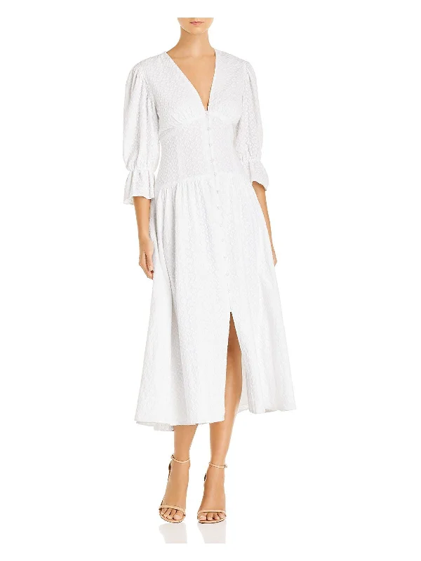 Special Savings LA VIE Womens White Pleated Gathered Button Down 3/4 Sleeve V Neck Midi Evening Fit + Flare Dress