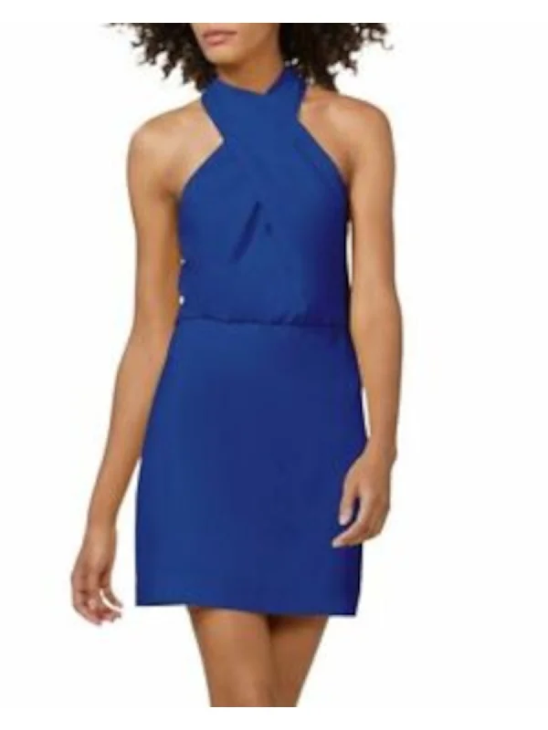 Lowest Prices HALSTON Womens Blue Zippered Textured Crossover Crepe Button Back Sleeveless Halter Short Cocktail Sheath Dress
