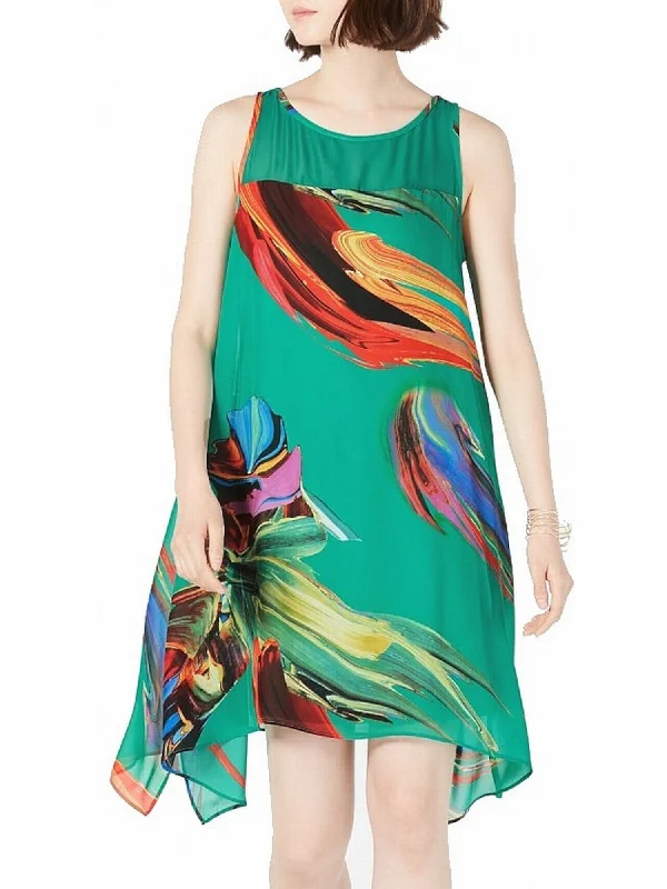 Stock Clearance SIGNATURE Womens Green Patterned Sleeveless Illusion Neckline Below The Knee Evening Hi-Lo Dress