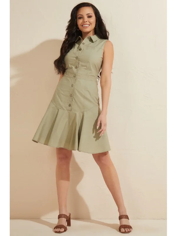 Extra Savings MARCIANO BY GUESS Womens Green Ruffled Button Down Sleeveless Collared Above The Knee Shirt Dress