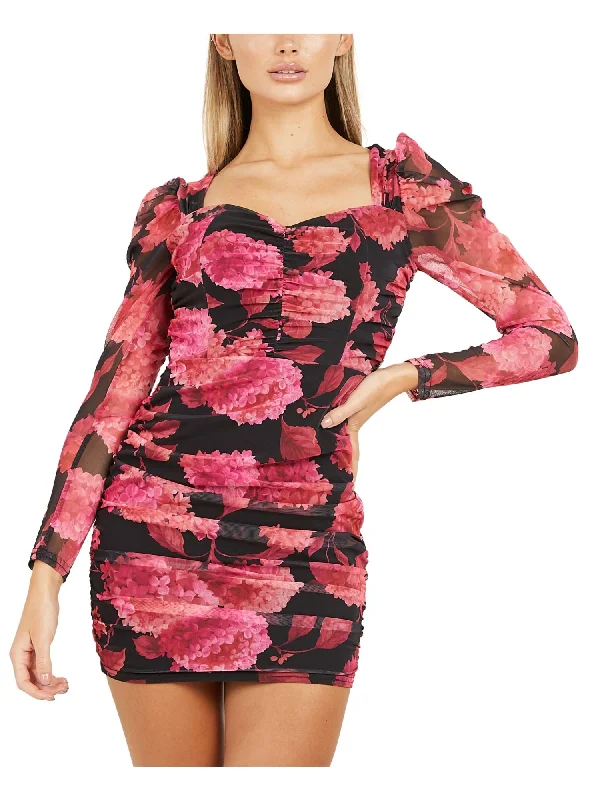 Bargain Prices QUIZ Womens Red Ruched Floral Pouf V Neck Mini Party Body Con Dress