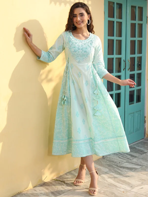 Best Seller Mintgreen Cambric  Printed embroidered Flared Dress