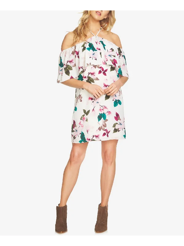 Lowest Price 1. STATE Womens Ivory Cold Shoulder Floral Sleeveless Halter Above The Knee Shift Dress