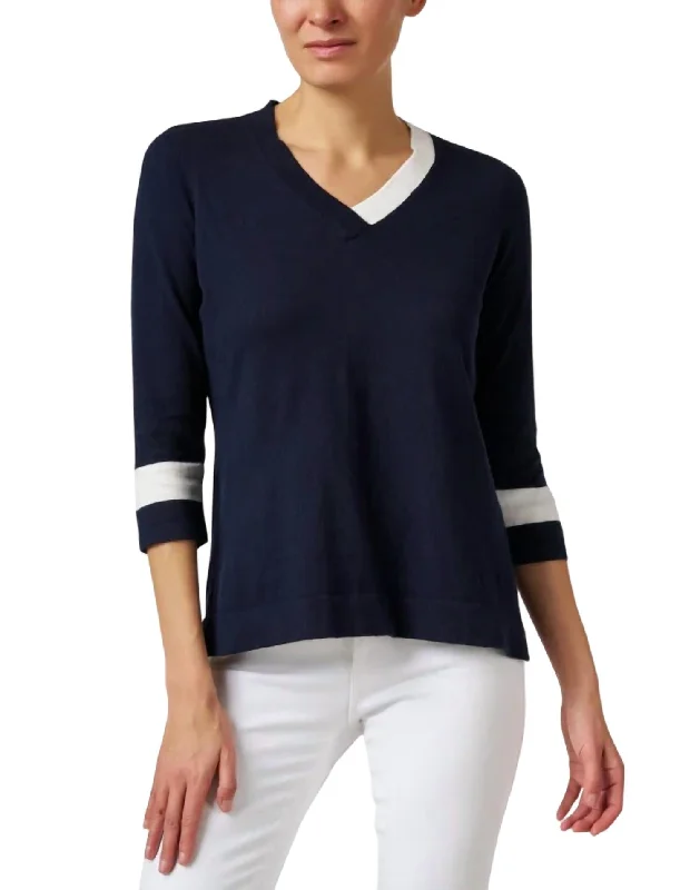 Online Specials 3/4 Sleeves Knit Top In Navy/white