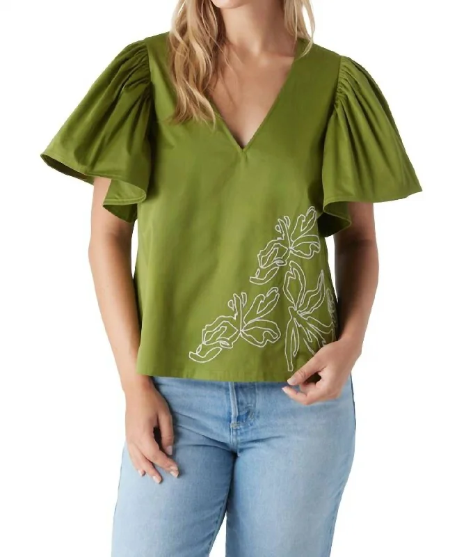 Deal Explosion Bettina Ruffle Short Sleeves Top In Ivy