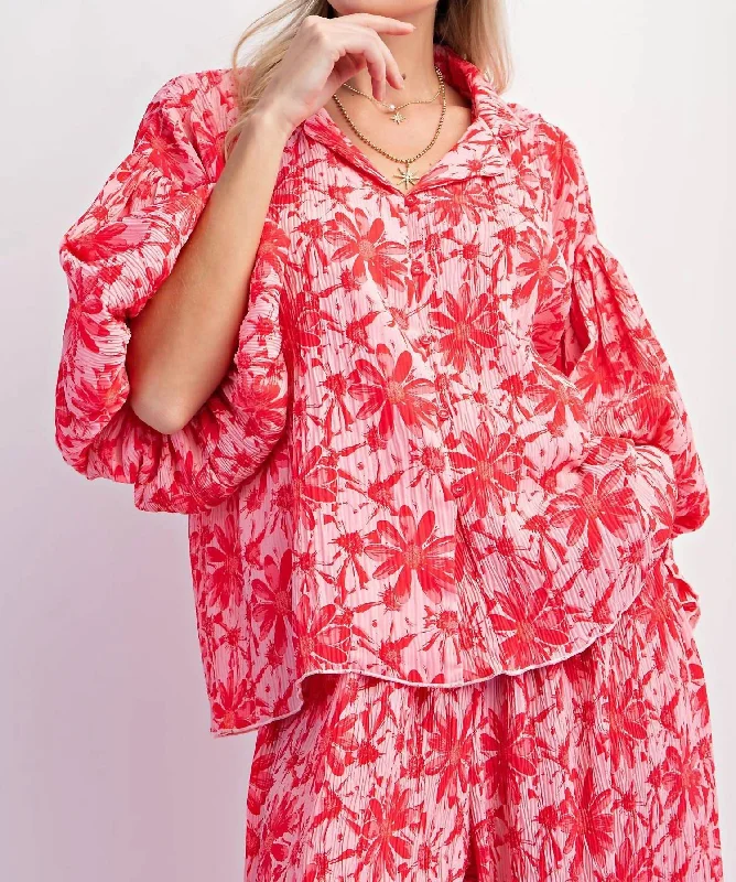 Big Discounts Crinkled Top In Hot Pink & Red