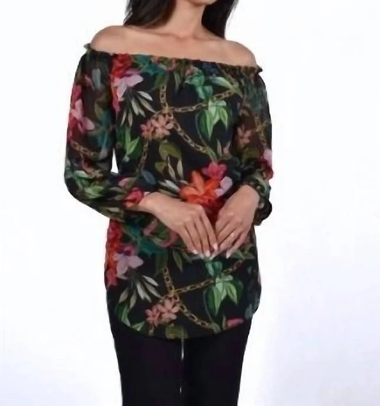 Bargain Blast Floral Off The Shoulder Top In Black/green