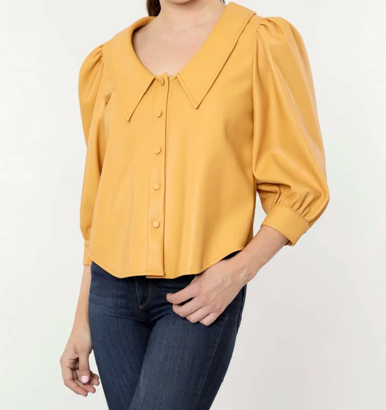 Deal of the Day Hollie Faux Leather Blouse With Puff Sleeves In Apricot