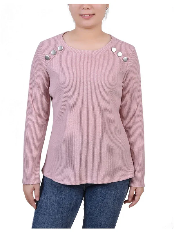 Closeout Sale Petites Womens Ribbed Button Detail Pullover Top