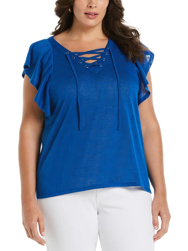 Savings Spectacular Plus Womens Lace Up Flutter Sleeves Blouse