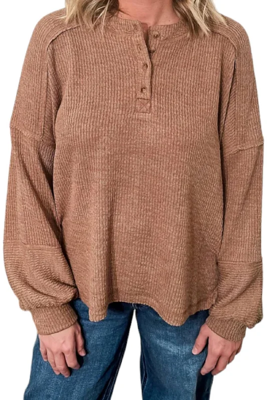 Bonus Savings Rib Knit Henley Top In Brown