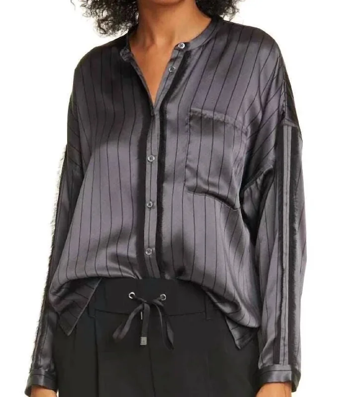Final Markdown Silk Striped Button Down Shirt With Fringe In Asphalt/black