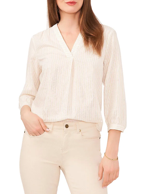 Discount Extravaganza Womens Shimmer V Neck Button-Down Top