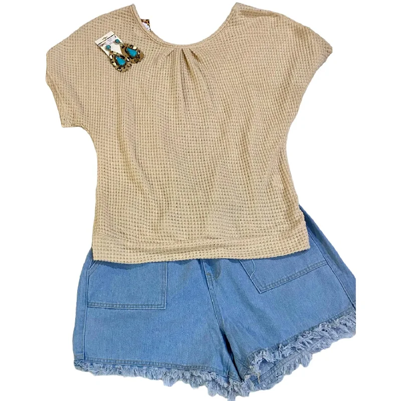 Crazy Deals Women's Waffle Top With Crochet Lace Back In Cream